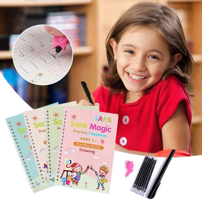 Magic Reusable Practice Copybook For Kid (4 Books + FREE 10 Magic Refills + Pen Holder)